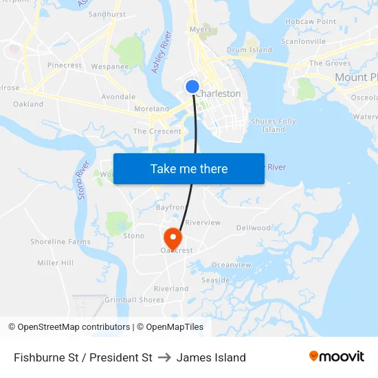 Fishburne St / President St to James Island map