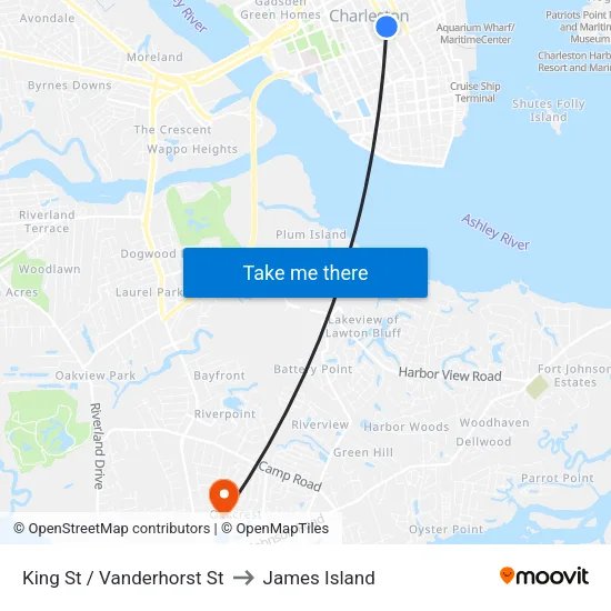 King St / Vanderhorst St to James Island map