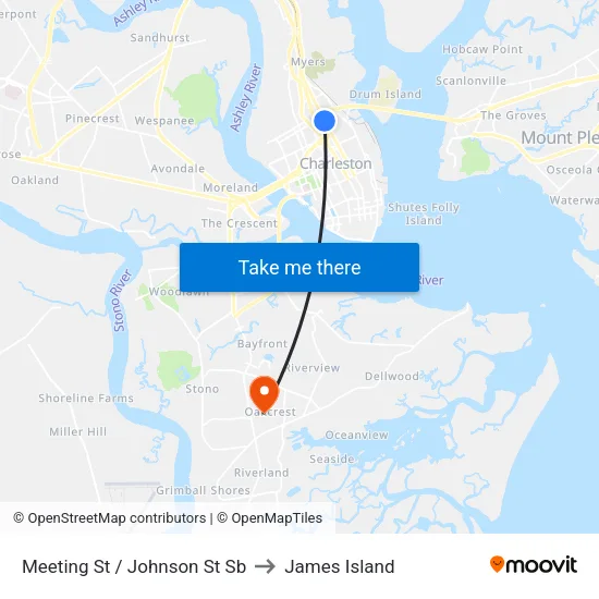 Meeting St / Johnson St Sb to James Island map