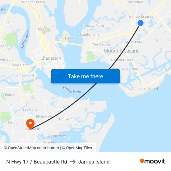 N Hwy 17 / Beaucastle Rd to James Island map
