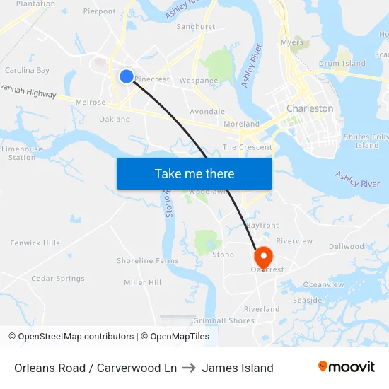 Orleans Road / Carverwood Ln to James Island map