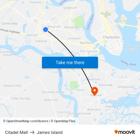 Citadel Mall to James Island map