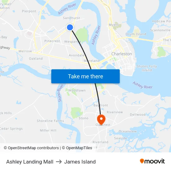 Ashley Landing Mall to James Island map