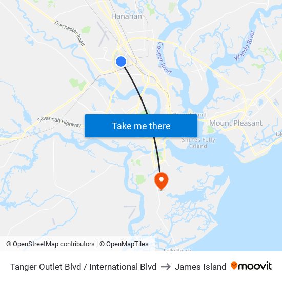 Tanger Outlet Blvd / International Blvd to James Island map