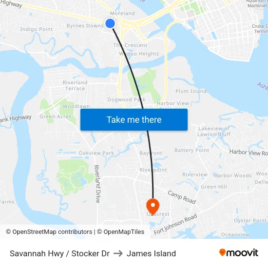 Savannah Hwy / Stocker Dr to James Island map