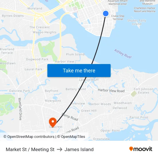Market St / Meeting St to James Island map