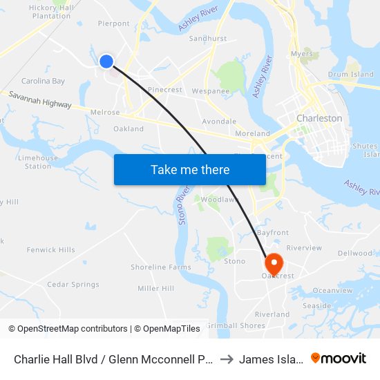 Charlie Hall Blvd / Glenn Mcconnell Pkwy to James Island map