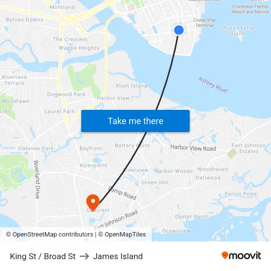 King St / Broad St to James Island map