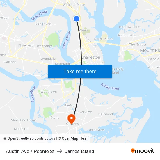 Austin Ave / Peonie St to James Island map
