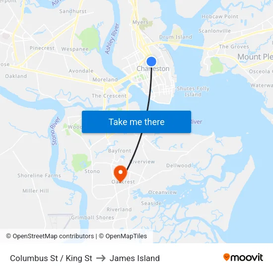 Columbus St / King St to James Island map