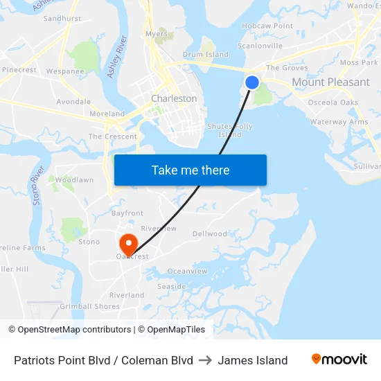Patriots Point Blvd / Coleman Blvd to James Island map