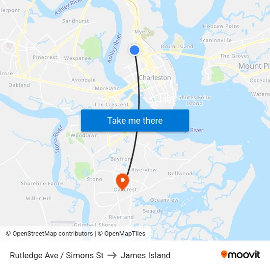 Rutledge Ave / Simons St to James Island map