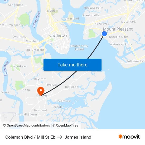 Coleman Blvd / Mill St Eb to James Island map