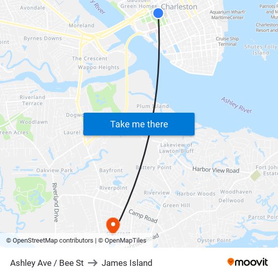 Ashley Ave / Bee St to James Island map