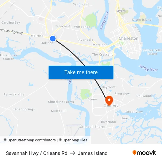 Savannah Hwy / Orleans Rd to James Island map