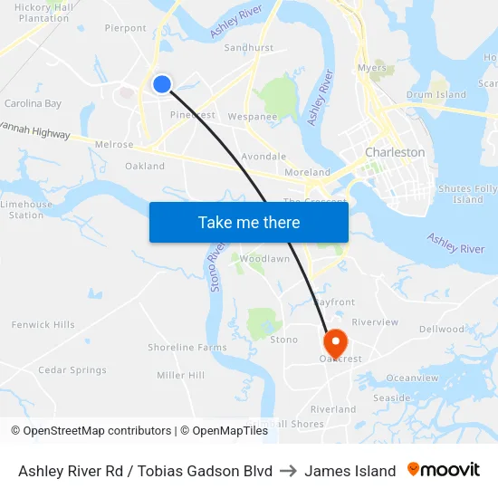 Ashley River Rd / Tobias Gadson Blvd to James Island map