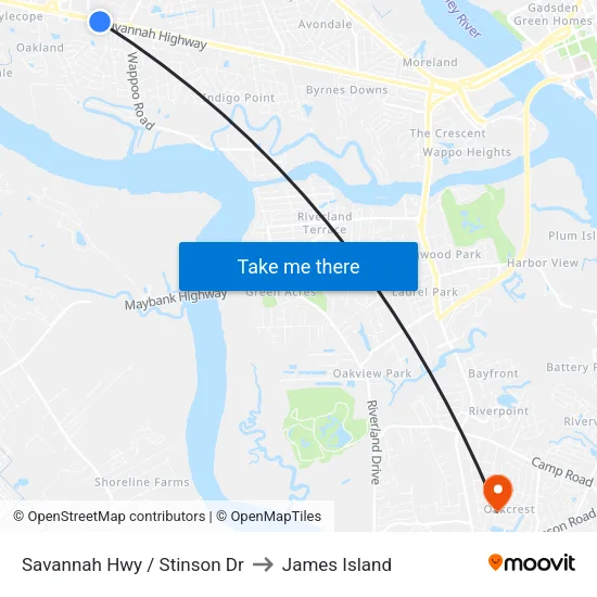 Savannah Hwy / Stinson Dr to James Island map
