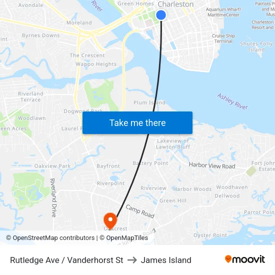 Rutledge Ave / Vanderhorst St to James Island map