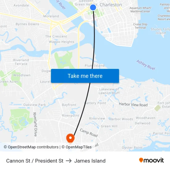 Cannon St / President St to James Island map