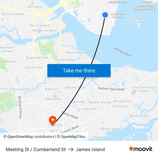 Meeting St / Cumberland St to James Island map