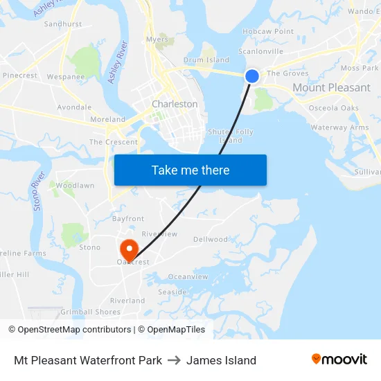 Mt Pleasant Waterfront Park to James Island map