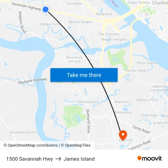 1500 Savannah Hwy to James Island map