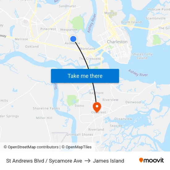 St Andrews Blvd / Sycamore Ave to James Island map