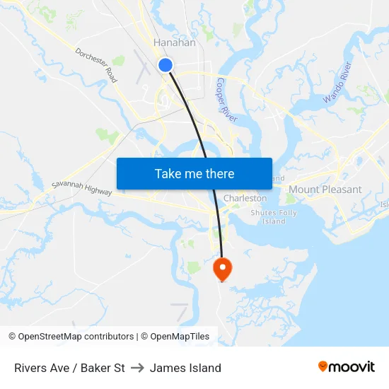 Rivers Ave / Baker St to James Island map