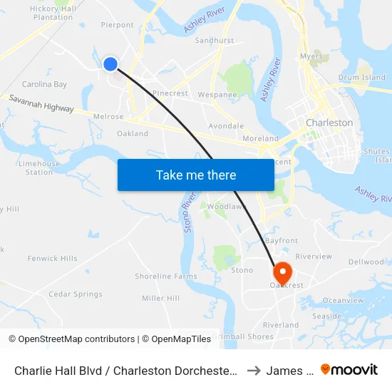 Charlie Hall Blvd / Charleston Dorchester Mental Health Center to James Island map