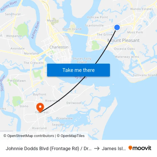 Johnnie Dodds Blvd (Frontage Rd) / Dragoon Dr to James Island map