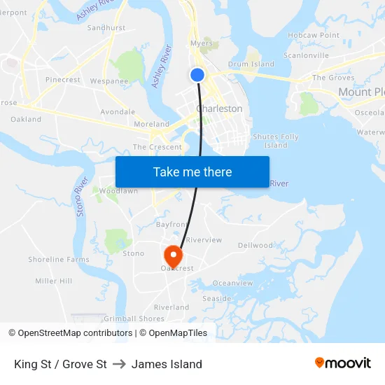 King St / Grove St to James Island map