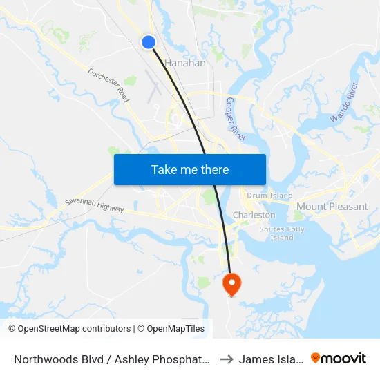 Northwoods Blvd / Ashley Phosphate Rd to James Island map