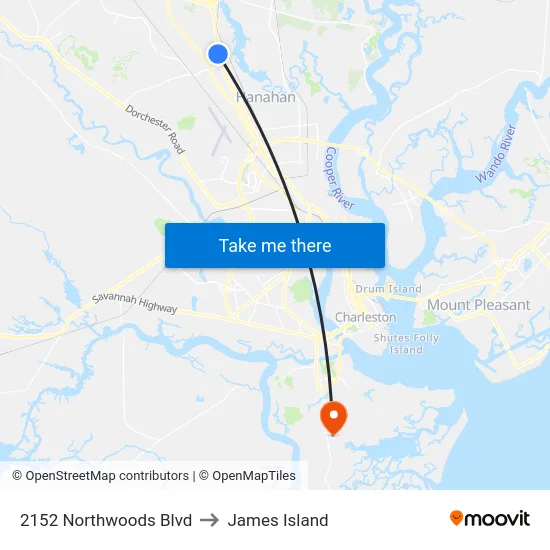 2152 Northwoods Blvd to James Island map