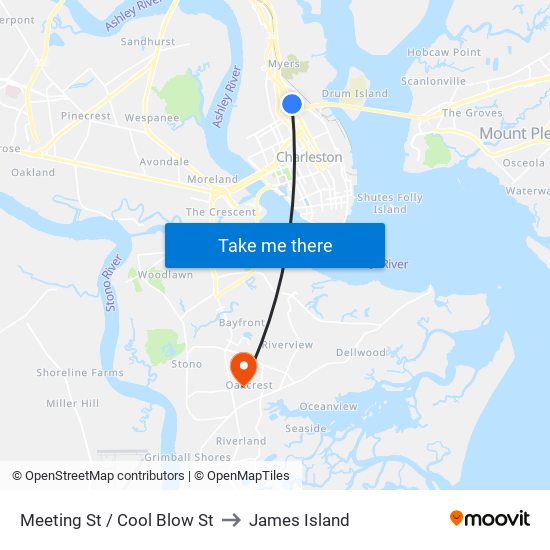 Meeting St / Cool Blow St to James Island map