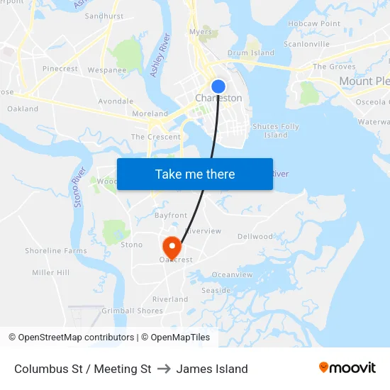Columbus St / Meeting St to James Island map