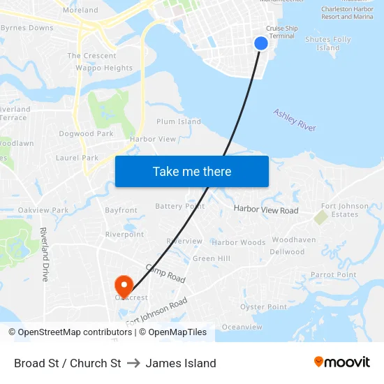 Broad St / Church St to James Island map