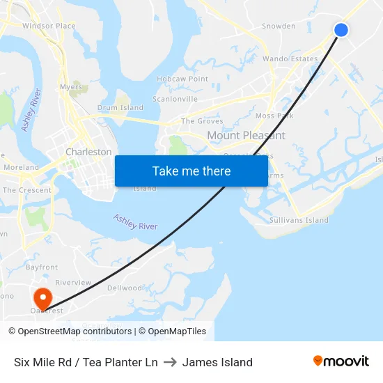 Six Mile Rd / Tea Planter Ln to James Island map