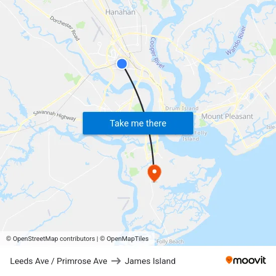 Leeds Ave / Primrose Ave to James Island map