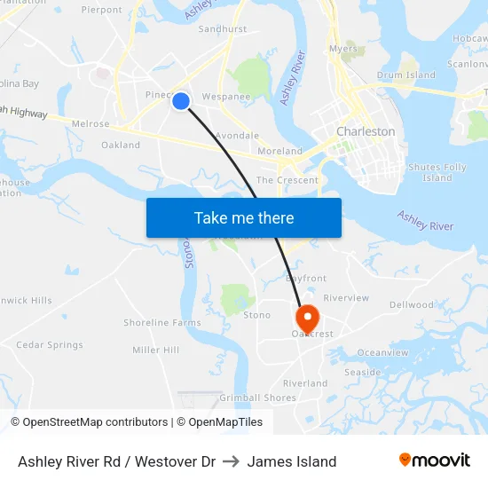 Ashley River Rd / Westover Dr to James Island map