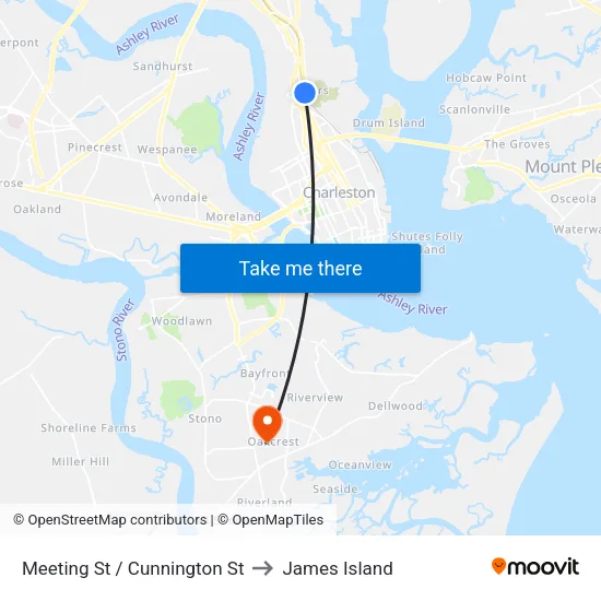 Meeting St / Cunnington St to James Island map