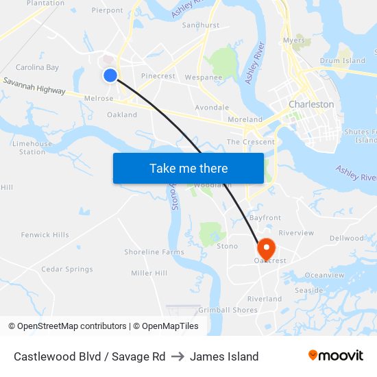 Castlewood Blvd / Savage Rd to James Island map