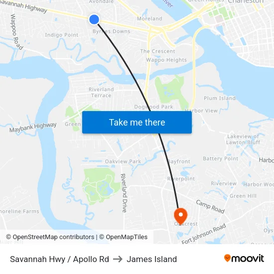 Savannah Hwy / Apollo Rd to James Island map