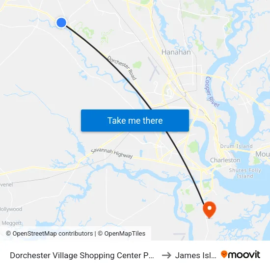 Dorchester Village Shopping Center Park & Ride to James Island map