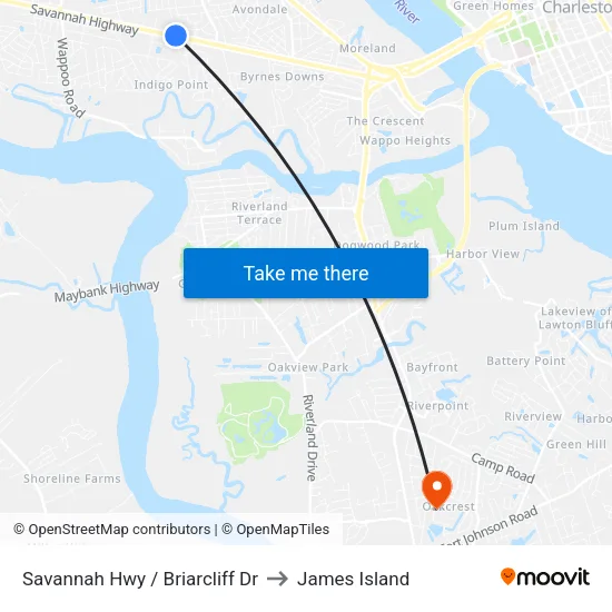 Savannah Hwy / Briarcliff Dr to James Island map
