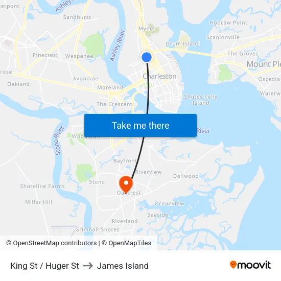 King St / Huger St to James Island map
