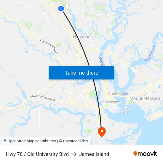 Hwy 78 / Old University Blvd to James Island map