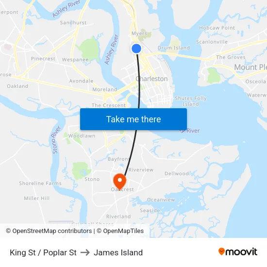 King St / Poplar St to James Island map