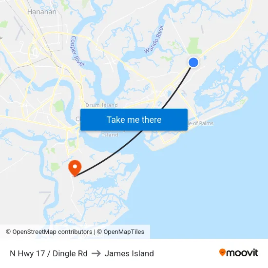 N Hwy 17 / Dingle Rd to James Island map