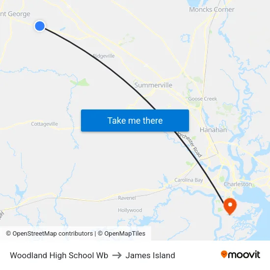Woodland High School Wb to James Island map