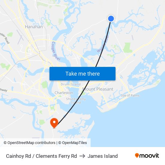 Cainhoy Rd / Clements Ferry Rd to James Island map